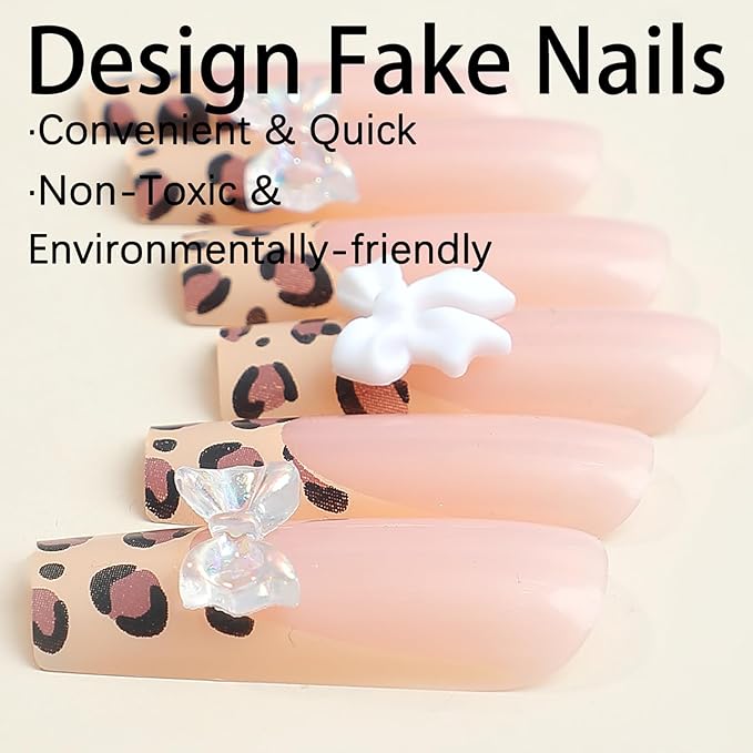 24 Pcs French Press on Nails Long RTKHFZE Square Nude Fake Nails with Leopard Designs False Nails Bow Charms Full Cover Artificial Nails Stick on Nail for Women Girls