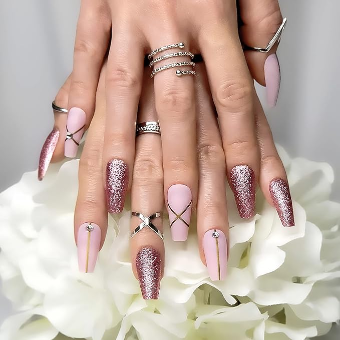 Hypnaughty 24 Pcs Pink Fantasy Matte and Glitter Design with Rhinestones Luxury Coffin Press on Nails with Glue Medium Long Reusable False Nails (Pink Fantasy)