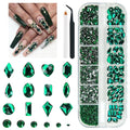 2052Pcs Emerald Green Nail Art Rhinestones Kit Green Nail Charms Multi Shapes Crystal Flatback Rhinestones Big Gems + Round Beads Glass Stones Diamonds jewels for Nails Faces Eyes Makeup Crafts