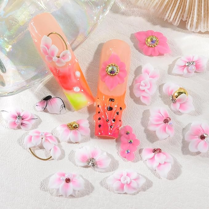 30PCS 3D Handmade Flower Nail Art Charms Advanced Handcrafted Cherry Blossom Flower Colorful Sculpted Floral Nails with Rhinestone Caviar Beads Design for Women Profession Nail Art Craft Jewelry