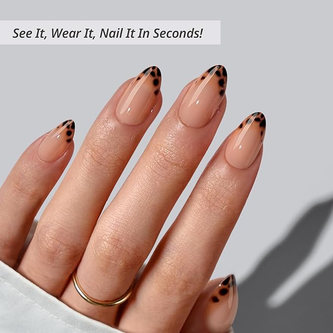 BTArtbox Press On Nails Almond - Espresso Leopard, Lamp-Curable Short French Tip Press On Nails with Glue and Adhesive Tabs for Women, Soft Gel Glue On Nails in 16 Sizes - 32 Stick On Nails Kit