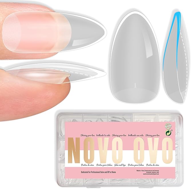 NOVO OVO Medium Almond Nail Tips Extra Thick Press on No C Curve, Soft Gel Natural Fake Nail Extension, Full Cover Clear False Nails for Acrylic, French Manicure Salon DIY x 14 Sizes 224 pcs