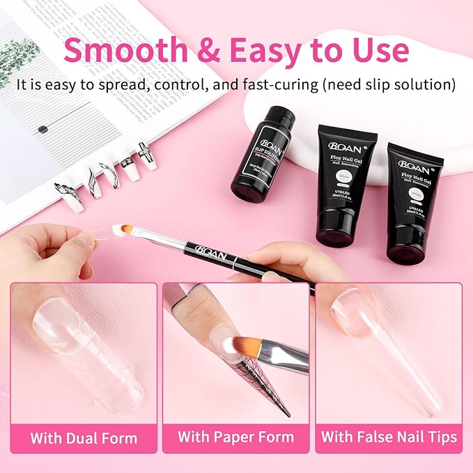BQAN Poly Nail Gel, 2 Pcs White Poly Extension Gel (30ml) with Slip Solution & Brush, for Long-Lasting Nail Extensions | Builder | Salon-Quality DIY & Home Use (White)