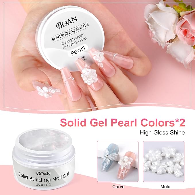 BQAN Nail Solid Sculpting Gel for 3D Art, 2 Pcs 15g/0.5oz Pearl Colors Non Sticky 3D Nail Gel for Building Carving Molding Extension | Salon & DIY at Home