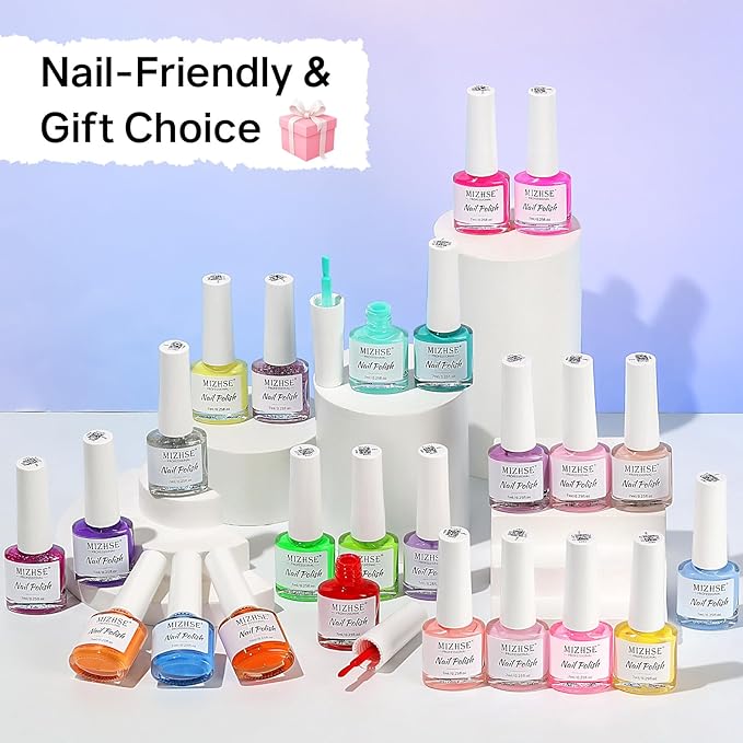 MIZHSE Quick Dry Nail Polish Set, 24 Colors Spring Summer Regular Nail Polish Non Gel, Air Drying Fast Neon Trendy Glitter Bulk Nail Lacquer Oil-based Long Lasting Home DIY Gift for Women