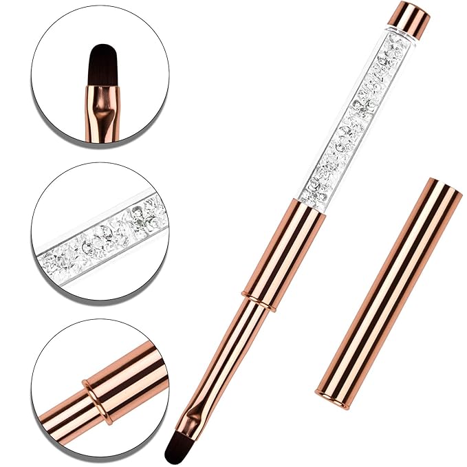 1Pcs Oval UV Gel Nail Brush Rhinestone Handle Professional Nail Art Tools Size 8 Rose Gold