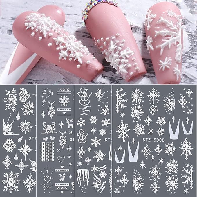 CHARMARK Snowflake Nail Art Stickers, 4 Sheets (White, Snowflake Pattern, Matte Finish, 5D Embossed, Romantic & Classic Style, Plastic Material, Indoor Use, Winter Theme)