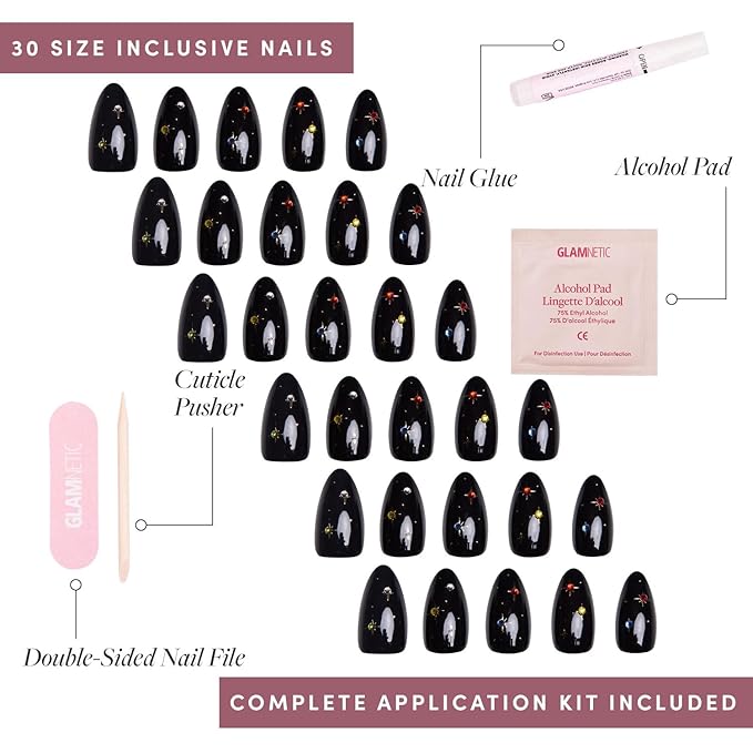 Glamnetic Press On Nails - Winter Comet | Glossy, Opaque, Short Almond Nails, Salon Quality | 15 Sizes - 30 Nail Kit with Glue