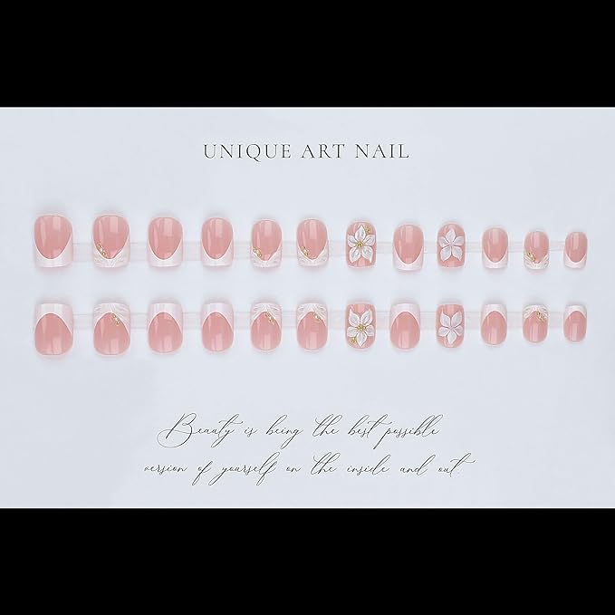Short Press on Nails Square - White French Tip Fake Nails with Flower Design - Spring Stick on False Nails - for Women 24 Pcs