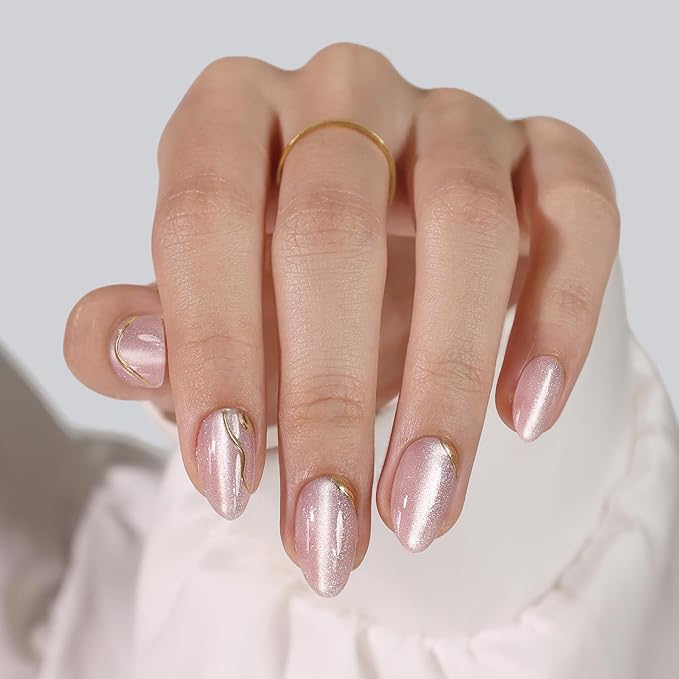 Nude Cat Eye Press on Nails Short - SHANGMENG 3D Gold Sculpting Almond Press on Nails for Women, Opaque Soft Gel Glue On Nails in 16 Sizes - 32 Fake Nails Kit with Glue, Gilded Glyphs