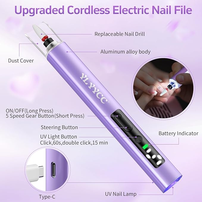 Electric Nail Drill Cordless Nail File with UV Lamp:Professional for Acrylic Gel Dip Powder Nails Portable Nail Kit Machine for Women Girl Manicure Pedicure Nail Set Rechargeable Lightweight