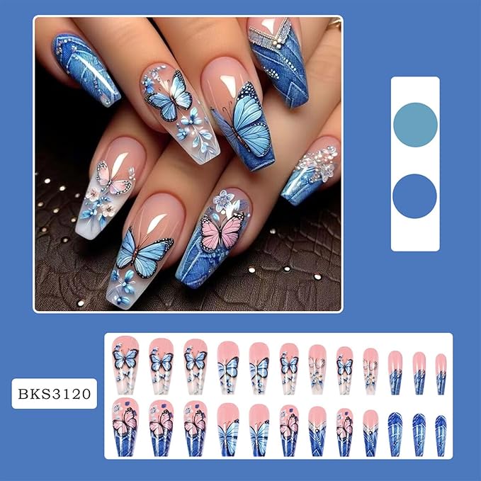Butterfly Press on Nails Coffin Long Fake Nails With Blue Pink Butterfly Designs Blue French Tip Nails Press ons Acrylic Pink Full Cover Glue Stick on Nails for Women 24 Pcs