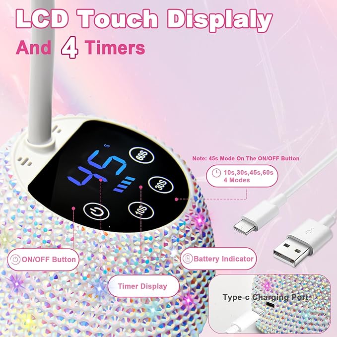 CGBE UV LED Nail Lamp, 36W Mini Cordless Flash Cure Lamp, USB Rechargeable Goosenecks LED Nail Light with 4 Timers & Auto Sensor for Salon Home DIY Use, White Diamond