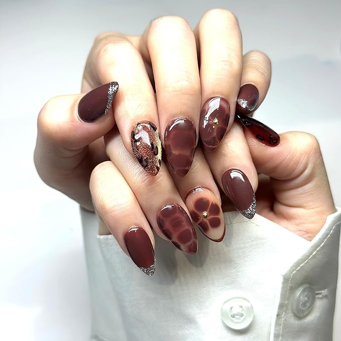 Press On Nails Short Almond Brown Marble & Leopard Nail Art with French Tip | Reusable Soft Gel Nails in 15 Sizes -30 Nail Kit with Glue | Designed in L.A, Handmade in Vietnam| Chocolate Kiss