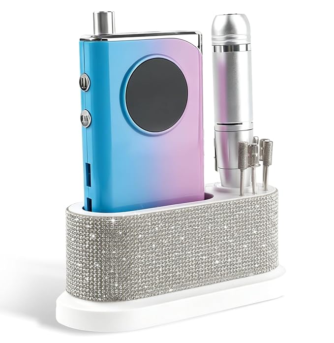 ANGNYA Nail Drill Machine Holder with White Rhinestones, 8 Holes Nail Drill Bit Holder, Nail Efile Stand and Organizer Storage Box Case