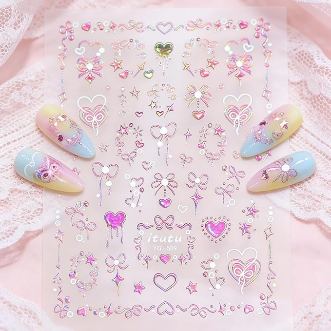 5D Embossed Pink Nail Stickers for Nail Art Self-Adhesive Valentines Day Nail Art Stickers 3D Laser Bow Love Star Designs Heart Nails Art Supplies Cute Nail Decals for Women Manicure Decorations DIY