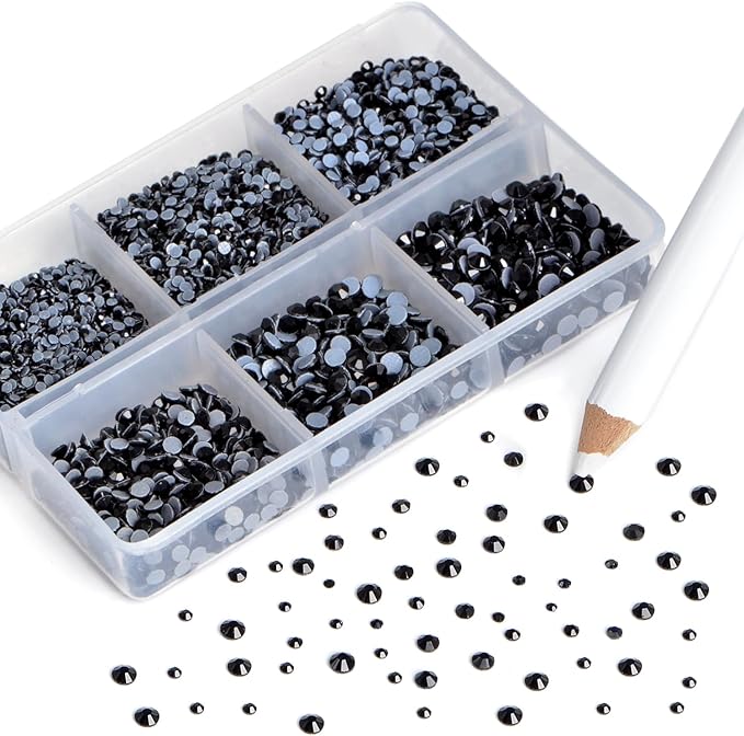 NCB Hotfix Iron on 8000pcs Crystal Rhinestones Round Gem for Crafts Decoration DIY Jewelry Making with a Picking Pen (Black, 6Sizes SS3-SS12)