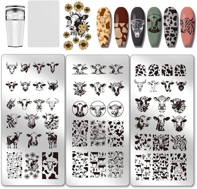 PH PandaHall 3pcs Cow-Theme Nail Stamping Plates 56 Patterns Cow Spots Nail Art Stencils Cute Animal Manicure Art Templates Leopard Nails Image Plates for Women Manicures Design Printing Supplies