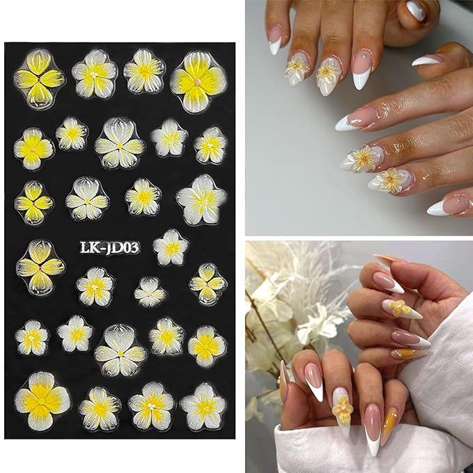 Flowers Nail Stickers 5D Embossed Nail Art 6 Sheets Colorful Nails Decals 3D Self-Adhesive Plumeria Supplies for Women Girls Manicure Nail Decoration Spring Summer Nails Design Sticker