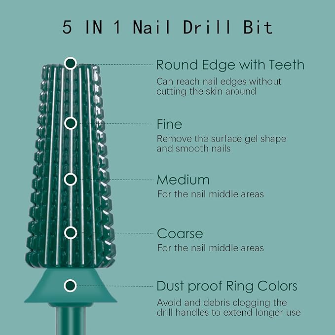 5 in 1 Nail Drill Bit, 3/32'' Professional Carbide Tungsten Drill Bit Nail Tech, Two Way Rotate Cuticle Gel Remover Drill Bit for Manicure Pedicure Acrylic Nail Poshling (Green, Coarse-C)