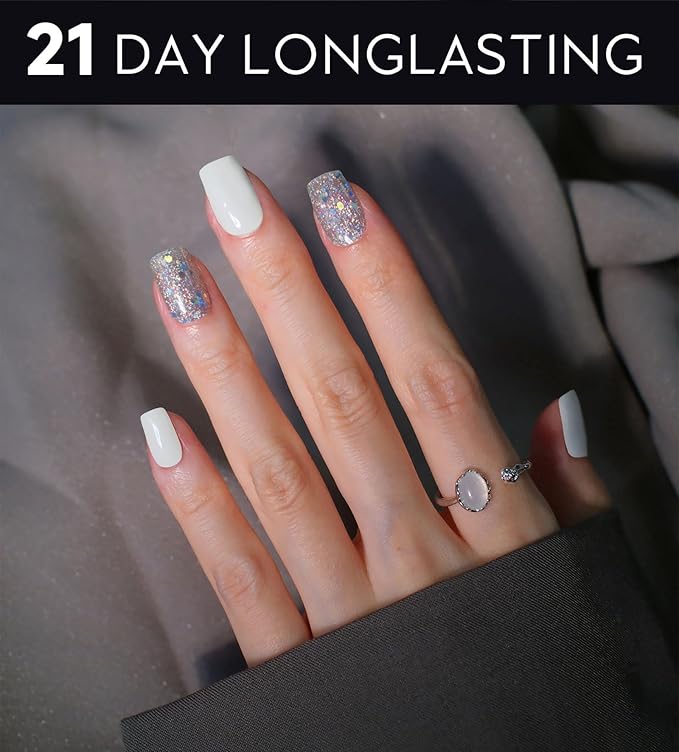 Semi Cured Gel Nail Strips - UV Light Gel Nail Stickers - 20 Long Lasting Salon Quality Wraps (Glacial Flicker White&Silver)