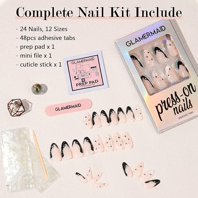GLAMERMAID Black Press on Nails Medium Almond, Emo Crush Jelly Gel Gothic Stiletto False Glue on Nails Kit with Moon Star Desgin for Women, Reusable Short Oval Stick on Acrylic Fake Nail Manicure Set