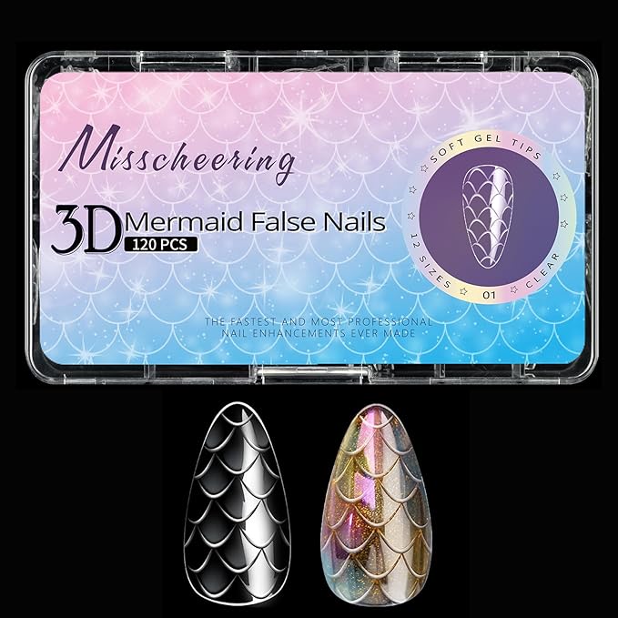 3D Diamond Shaped Polygel Nail, Extension Clear Full Cover False Nail Tips, Hybrid Gel Acrylic Nail, Diamond Fake Nails, 14 Sizes Building Artificial Press on Nail (Fish Scales 1, 120pcs)