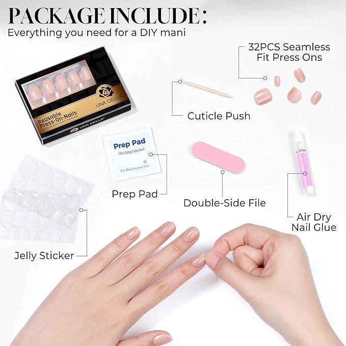 UNA GELLA Short Round Press on Nails - 32Pcs 16 Sizes Oval Nude Pink Fake Nails, Glossy Reusable Glue on Nails for Women, Durable Natural False Nails Kit for Small or Wide Nail Beds