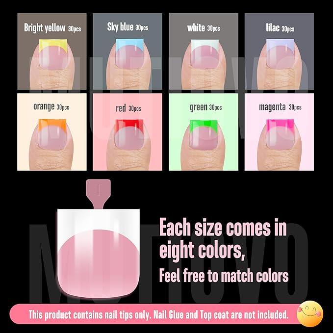 8 MIXED Summer Color French Tip Toe Nail Tips, Sharp Square Soft Gel False Toenail Extension,Full Cover Acrylic, no Glue Included, Need Builder Gel & Top Coat, for DIY x 15 Sizes 240 pcs