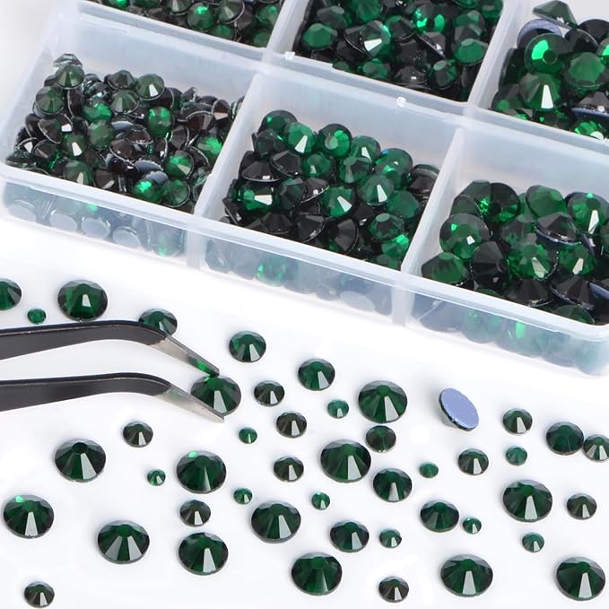 Bymitel Hotfix Crystal Rhinestones Round Gems for Crafts,Mixed 6 Sizes with Wax Pencil Kit, Emerald 1.6-6.3mm SS4-SS30/8000pcs