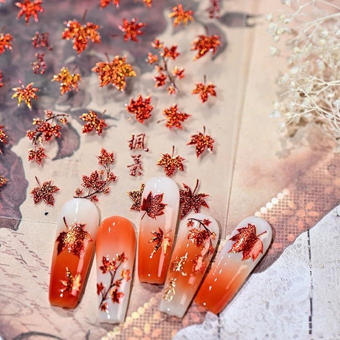 Maple Leaves Nail Stickers 3D Self Adhesive Orange Nail Art Stickers 5D Embossed Colorful Leaf Nail Decals Fall Autumn Nail Designs Cute Yellow Nail Art Supplies for Women Girls 1 Sheet