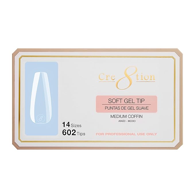 Cre8tion Soft Gel Nail Tips, Medium Coffin Shape, 602 Tips in 14 Sizes (00-9) for Professional Nail Extensions