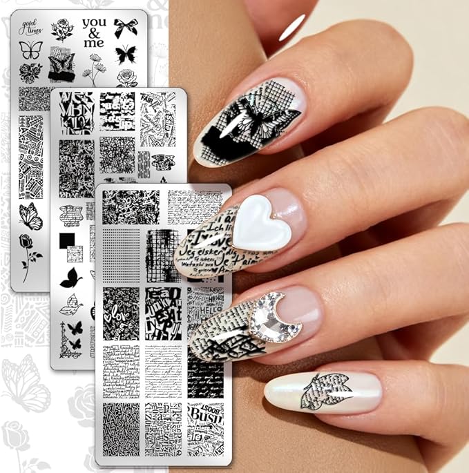PH PandaHall 3pcs Vintage Texture Nail Stamping Plate Graffiti Text Nail Art Stamper Butterfly Nails Arts Stencils Rose Flower Nails Design Stamp Manicure Image Plates for Women Manicure Salon Print