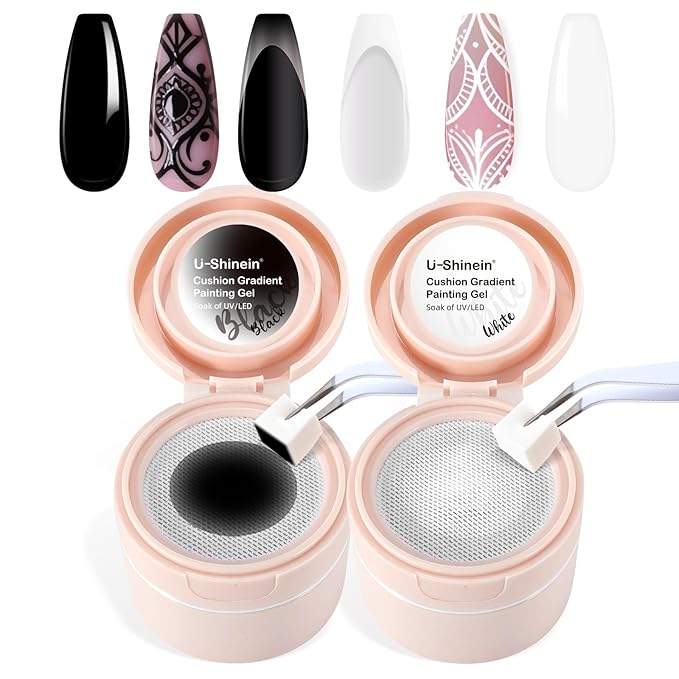 Cushion Gradient Painting Gel, Black&White Ombre Nails Aura Nails Full Coverage Precise Control of Each Dip Matte Effect Non-Wipe Long Lasting French Manicure Soak Off UV LED DIY Nail Art