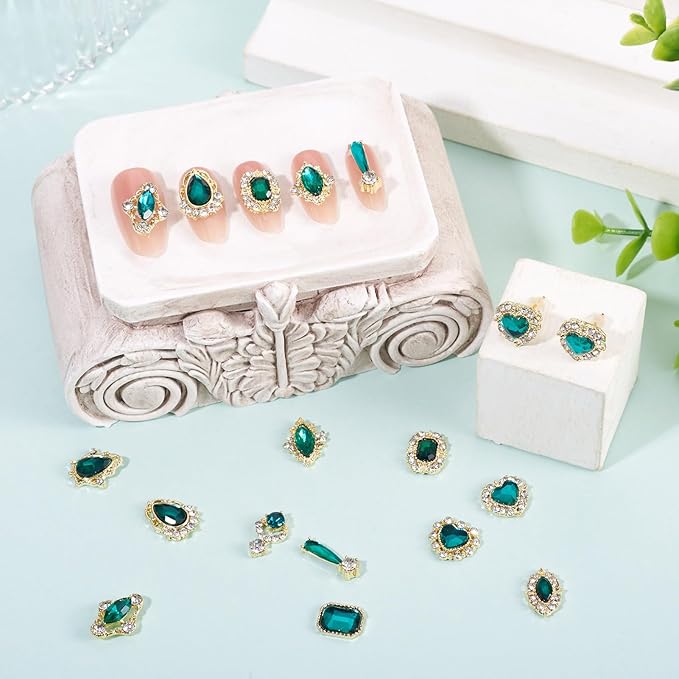 KISSITTY 48pcs Nail Art Rhinestones Flat Back Rhinestone Crystal Cabochons Green Color Heart Teardrop Rectangle Shape Small Embellishments for Nail Art Craft Decoration Jewelry Making