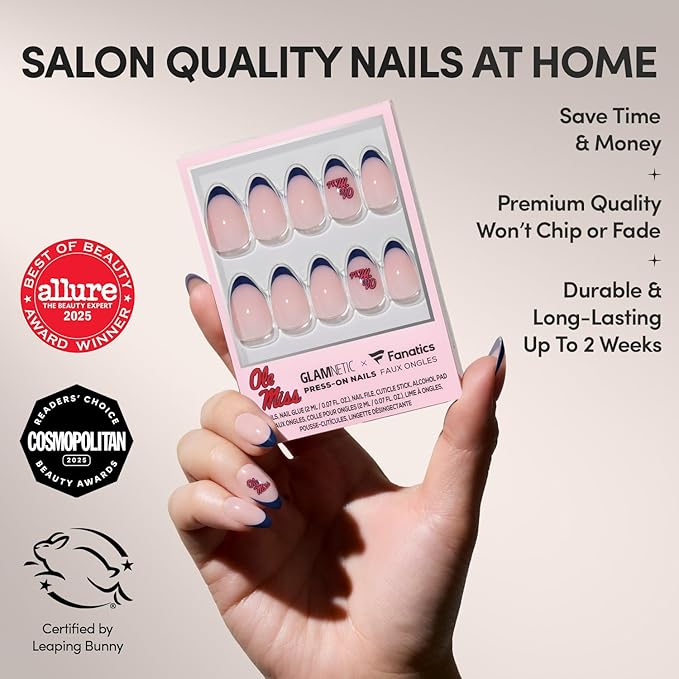 Glamnetic x Fanatics Press On Nails - Mississippi Rebels | Short Almond Fake Nails, Collegiate Mississippi Blue French Tips, College Nails, Salon-Quality | 15 Sizes - 30 Nail Kit with Glue