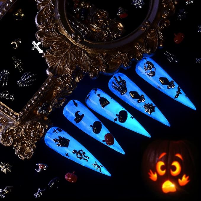 Halloween Nail Charms - 24 Styles/Box Metallic Nail Studs & Rhinestones DIY Decorations