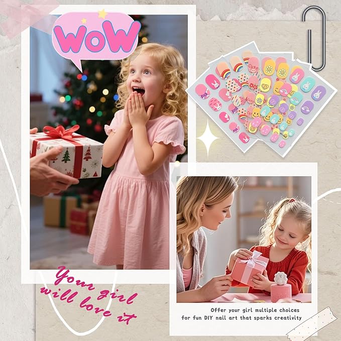 Nail Stickers for Kids, 10 Sheets Self-Adhesive Nail Wrap Strips for Little Girls, Toddler Age 8 and Older, Fun DIY Nail Art