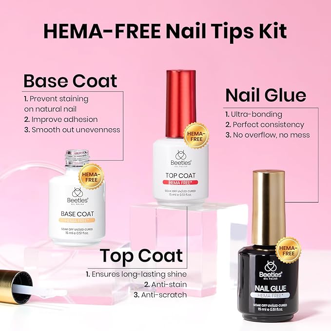 Beetles Gel Nail Kit Etch-X, Square Short, 288pcs 12 Sizes Nail Tips, 3Pcs 15ml HEMA-Free Nail Glue Top Coat & Base Gel Set, with Mini Lamp, Press On Nail, Long Lasting Extension DIY Set at Home