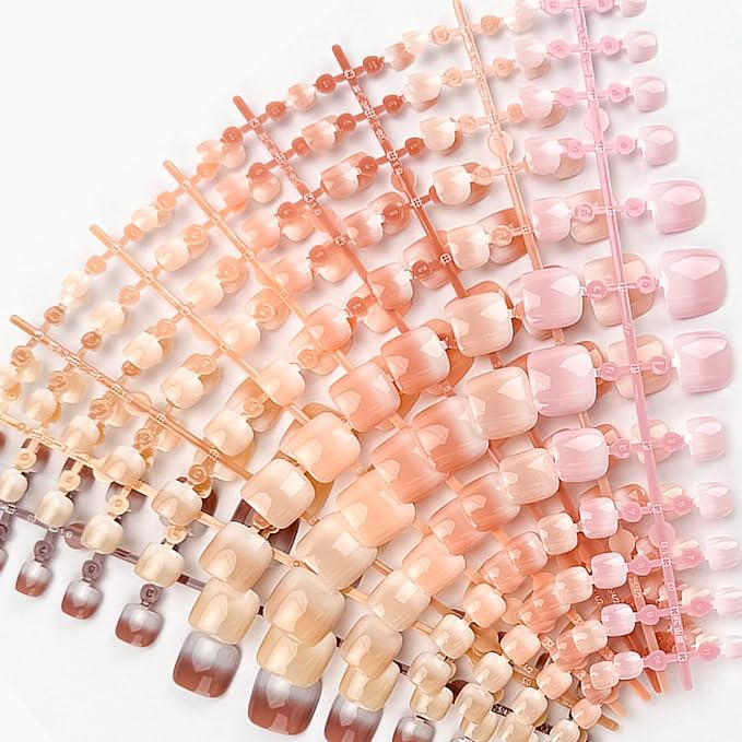 216 Pcs Ombre Press on Toenails Short Square Fake Toenail with Glue Tabs,French Toe Nails Press ons,9 Color Gradient Natural Acrylic False Toenails Tip Artificial Toe Nails for Women Manicure