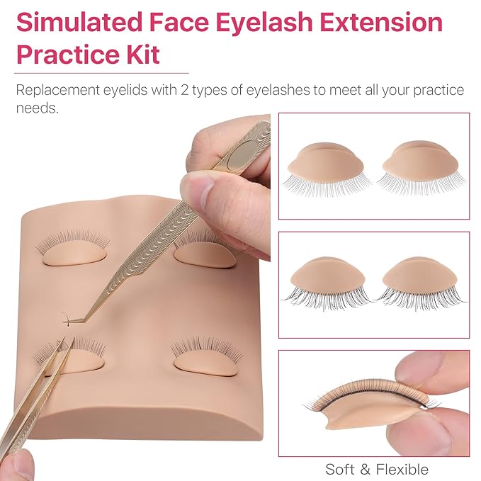 Pretty memory Lash Extension Supplies Eyelash Extension Kit, Lash Mannequin Head with Removable Eyelids Silicone Practice Set for Makeup and Eyelash Graft
