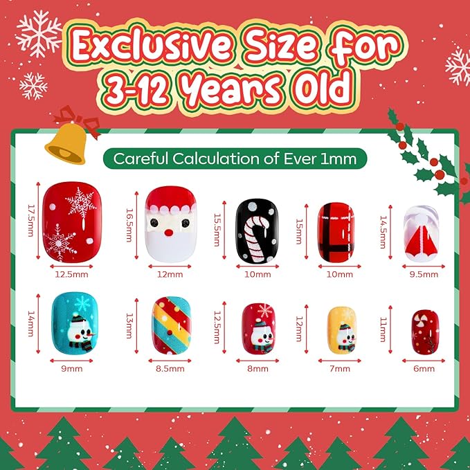 Modelones Christmas Press on Nails for Kids 144Pcs 6 Pack Children Girls Toys 8-10 Acrylic Fake Nails Pre-glue Full Cover Snowflake Red Xmas Short False Nail Art Kits Sets Gifts For Kids Girls