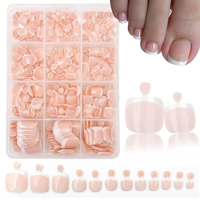 240Pcs White French Tip Press on Toenails Short Square Fake Toe nails Press ons with Design Stick on Toe Nails Reusable Acrylic False ToeNails Artificial Glue on Toenails for Women Nails Manicure