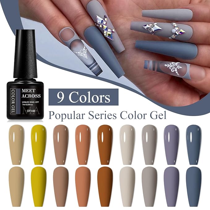 MEET ACROSS 9 Colors Gel Nail Polish + 3PCS Function Gel Nail Polish Kit,Fashion Nail Art Set Design Gifts for Women Manicure Salon (SET5, 12pcs)
