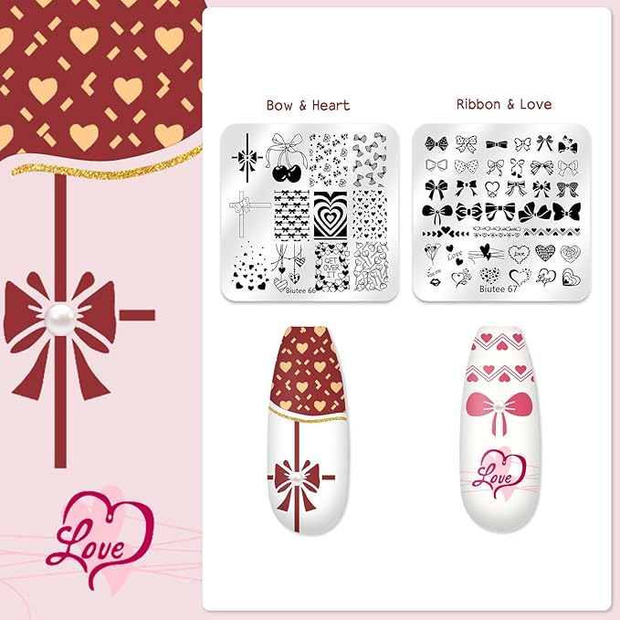 Biutee Nail Stamping Plate 20Pcs Nail Stamper Kit 16Pcs Nail Art Stamping Plates with Silicone Stamper, Scraper & Storage Bag, Stamp Plates Star Plaid Love Leaf Template Holiday Design Gift