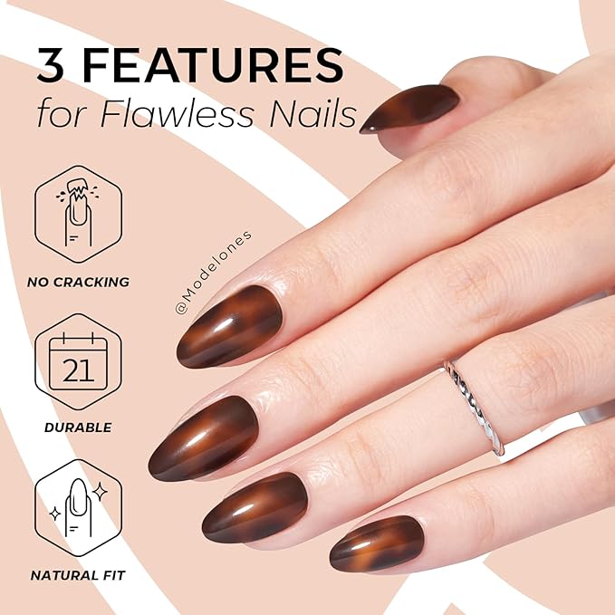 Modelones Brown Press on Nails Almond, Short Fake Nails, Reusable Nail Kit with Nail Glue Adhesive Tabs Mini Nail File, Nails Press Ons 32Pcs 16 Sizes, Women Girl Gift, Amber