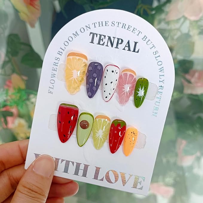 Summer Fruit Press on Nails - Vibrant Almond Shaped Fake Nails with Kiwi, Watermelon & Avocado Designs | Reusable Colorful Nail Art for Women | Tropical Fruit Manicure Set (Medium Length,S)