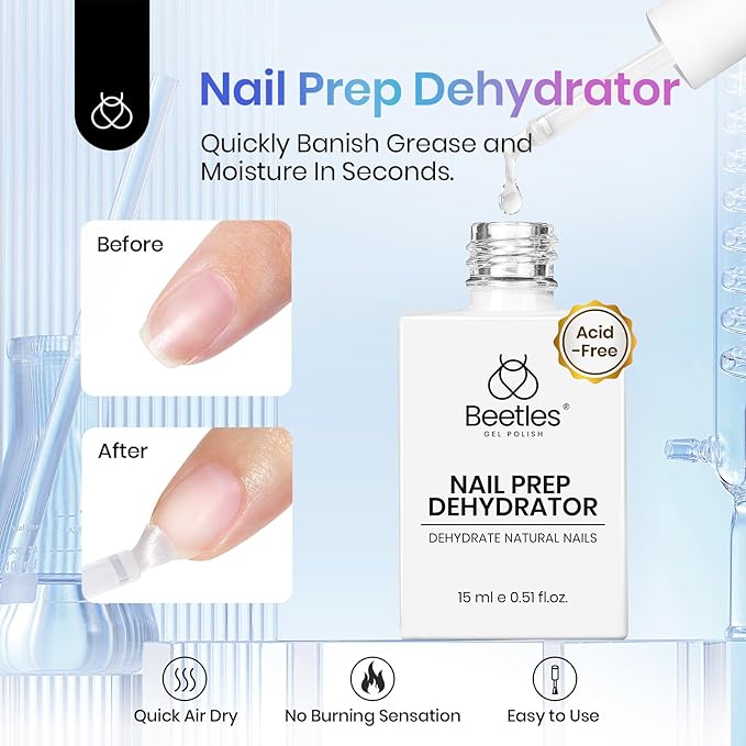 Beetles Nail Dehydrator and Primer Acid Free and Hema-Free Natural Prep Dehydrate and Bond Primer Fast Dry Nail Supplies 15ml 2Pcs Professional Salons Set