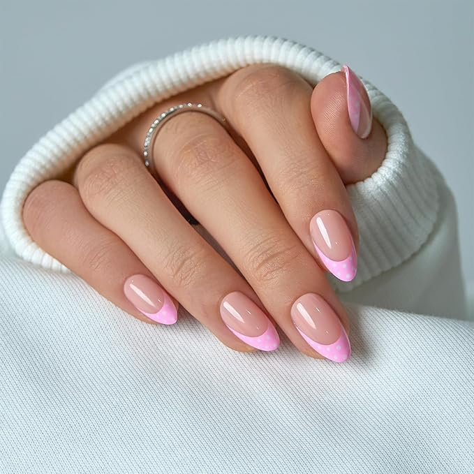 Curvlife Soft Gel Press On Nails Medium Almond Nude Pink French Tip with Polka Dots, Glue On Fake Nails Reusable False Nails Stick On Nail Tips for Women