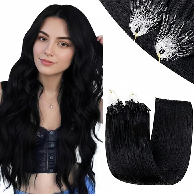 RUNATURE Micro Bead Hair Extensions Real Human Hair Black Remy Micro Beads Hair Extensions Natural Black Micro Link Hair Extension Human Hair Full Ends Straight 18 Inch 50g 50s